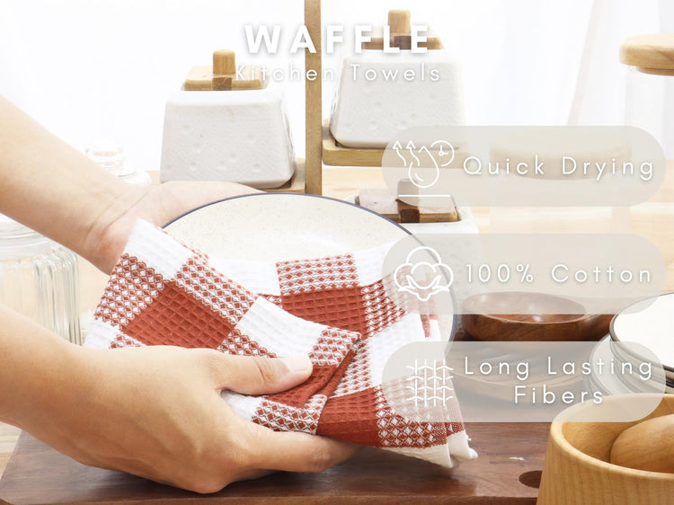 Rust 100% Cotton Waffle Weave Check Plaid Kitchen Towels