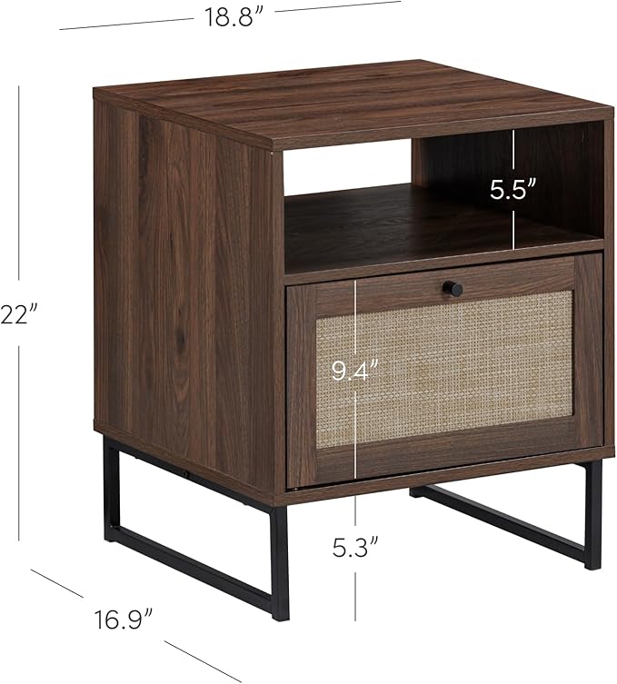 Nathan James Mina Boho Nightstand, Small Nightstand, Rattan End Table with Storage, Walnut Side Table with Rattan Accent, Walnut Brown/Black, Set of 2