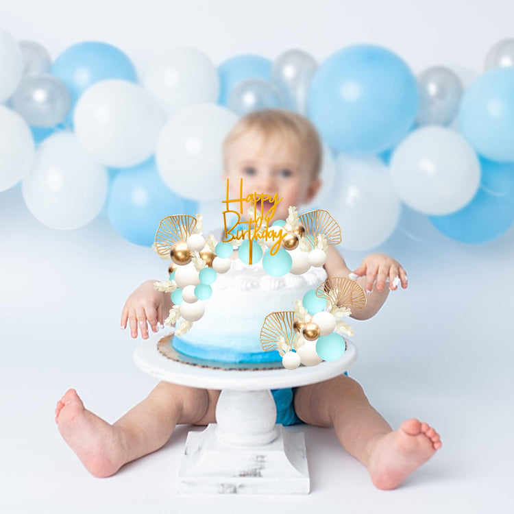 57Pcs Balls Cake Topper Boho Grass Cake topper Pearl Balls Acrylic Happy Birthday Cake Decorations for Wedding Baby Shower Birthday Boho Themed Party Supplies Light Blue (57 Count)