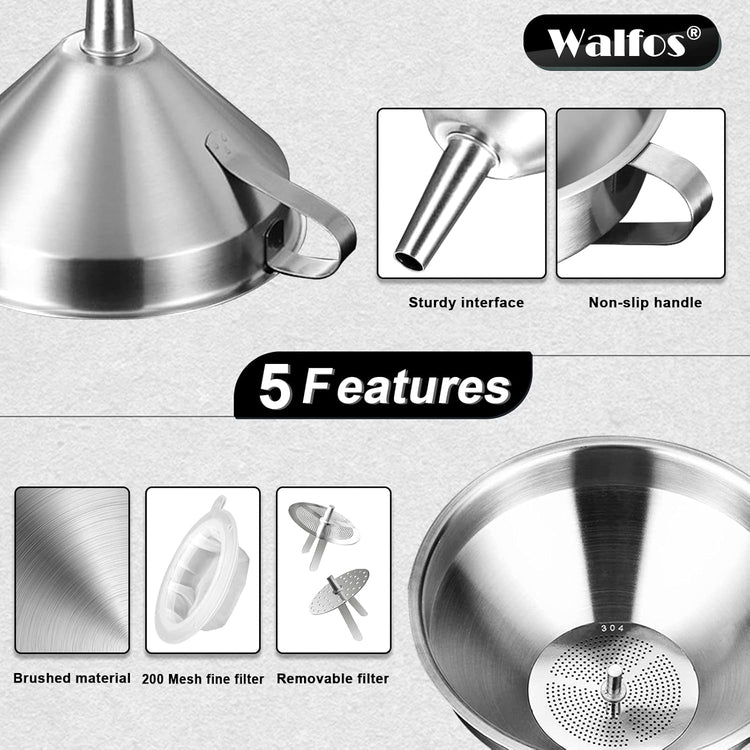 Walfos 3Pcs Kitchen Funnel with 2 Removable Strainer & 1 Cleaning Brush & 1Pc 200 Mesh Food Filter Strainer, Food Grade Stainless Steel Funnel for Transferring of Liquid, Oils, Jam, Dry Ingredients