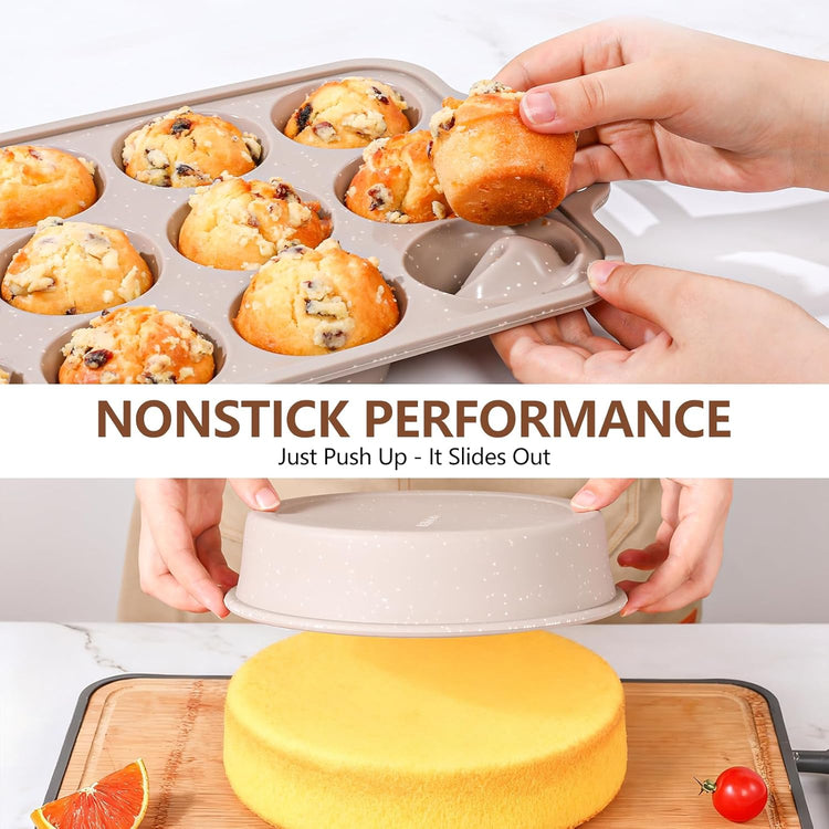 Vinino 8-Piece Baking Pans Set Nonstick, Bakeware Set includes Silicone Muffin, Loaf, Cake Pans with Metal Reinforced Frame, and Carbon Steel Roasting Pan, Cookie Sheet, Cooling rack for Oven