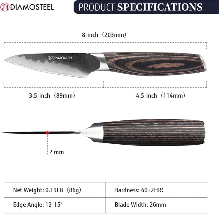 Paring Knife - 3.5-Inch Professional Kitchen Knife - Hammered Black Oxide Blade Japanese 9CR18MOV High Carbon Stainless Steel Sharp fruit Knife - Ergonomic Pakkawood Handle with Present Box