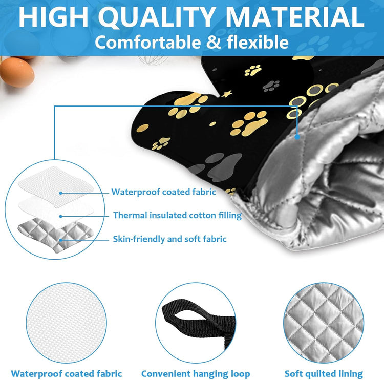 Gold Dog Paw Print Oven Mitts and Pot Holders Sets Heat Resistant 4Pcs Potholders Oven Gloves Hot Pads for Kitchen Baking Cooking Grilling BBQ