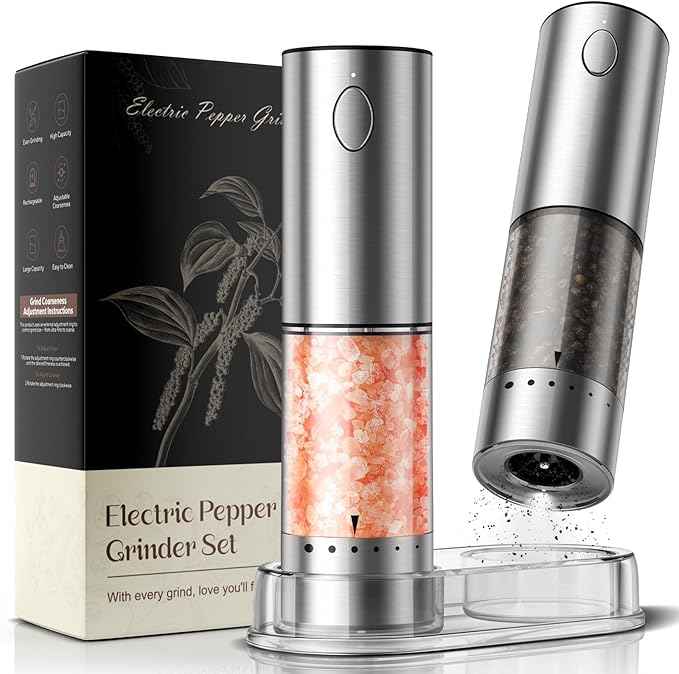 Electric Salt and Pepper Grinder Set โ Rechargeable Automatic Salt and Pepper Shaker with 6 Adjustable Coarseness, Large-Capacity Pepper Mill Kitchen Appliances and Home Essentials Gifts for Women