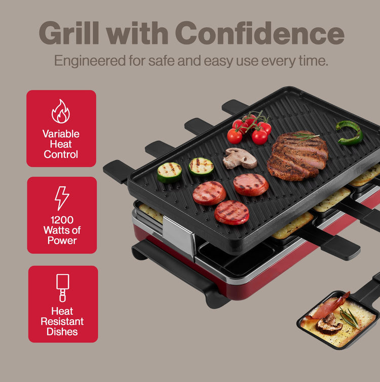 Classic 8 Person Raclette Party Grill with Reversible Cast Iron Grill Plate