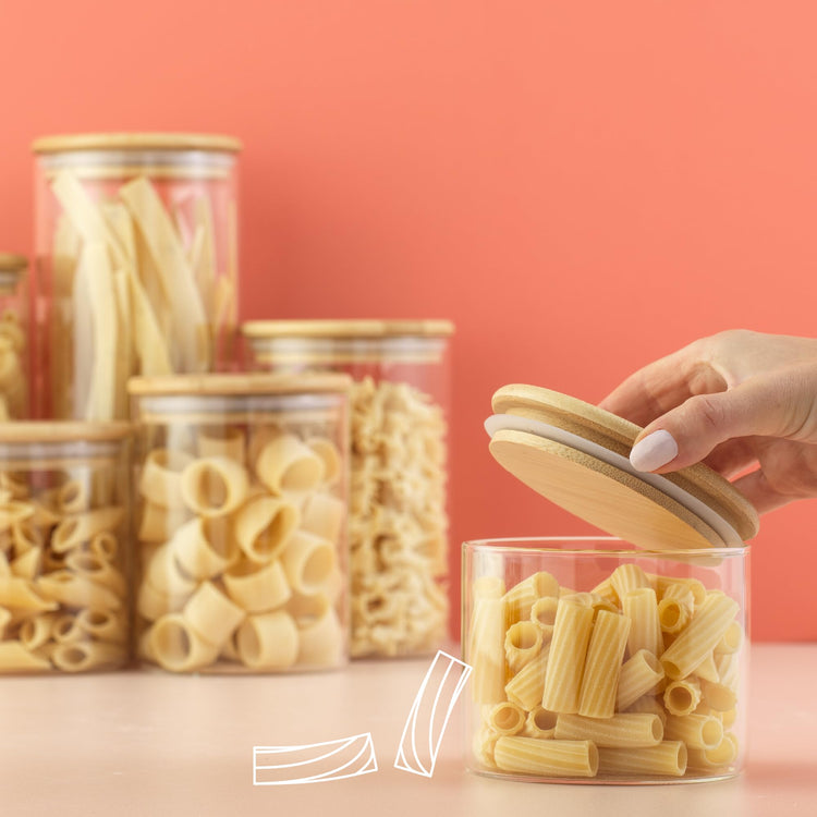 Borosilicate Glass Jars With Bamboo Lids. 6 Pc Set of Air Tight Sealable Containers. Food Jar Canisters with Airtight Lid for Pantry Storage and Kitchen Organization. (6 Count)