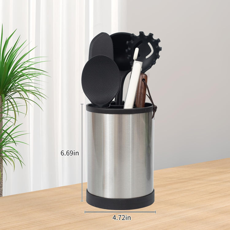 Stainless Steel Kitchen Utensil Holder,360° Rotating Utensil Holder for Counter Organizer with Weighted Base, Cooking Silverware Caddy Flatware 4 Compartment Flatware Spoon Spatula Lazy Susan(Silvery)