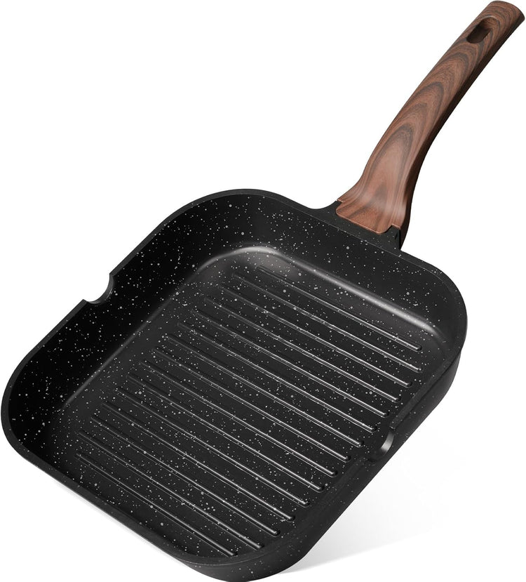 Kikcoin Nonstick Grill Pan for Indoor Cooking,9.5 Inch Versatile Griddle for Stove Tops Steak Pan with Pour Spouts