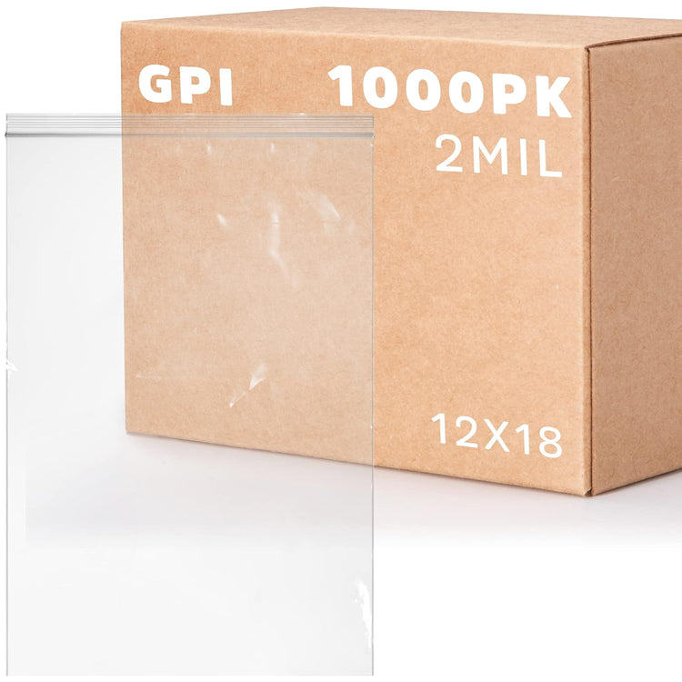 GPI Case of 1000, 12" X 18" Clear Plastic Reclosable Zip Bag - Bulk 2 Mil Thick Strong & Durable Poly Baggies with Resealable Zip Top Lock For Travel, Storage, Packaging & Shipping.