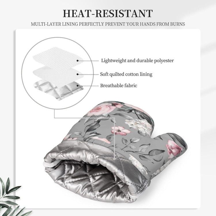 Roses Oven Mitts Pot Holders Set Silicone Heat Resistant Gray Flower Pink Rose Oven Mitts and Hot Pads Rose Potholders Non-Slip Oven Gloves for Cooking Baking Grilling BBQ