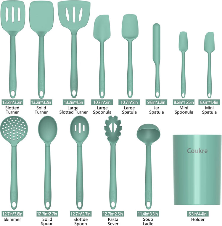 Coukre Silicone Kitchen Cooking Utensils Set with Holder – Heat-Resistant, Food-Grade Kitchen Tools, Spatula, Spoon & Gadgets for Non-Stick Pans, Dishwasher Safe (14, PureAquaGreen)