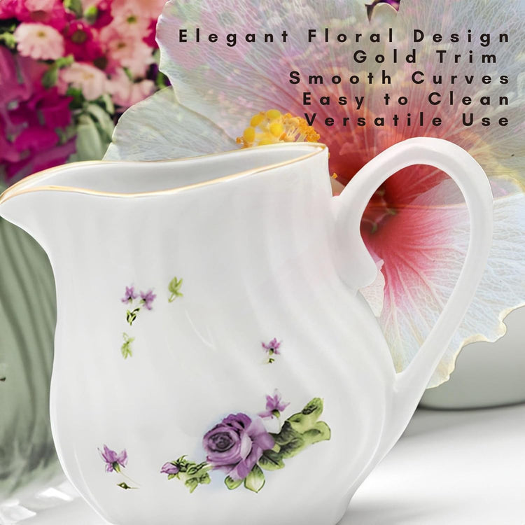 Sugar and Creamer Set - Porcelain Sugar and Creamer Floral Vintage Tea Set with Gold Trims & Embossed Swirls - Exquisite Fine China Tea Set for Parties & Celebrations - Lucinda Set by Lynns