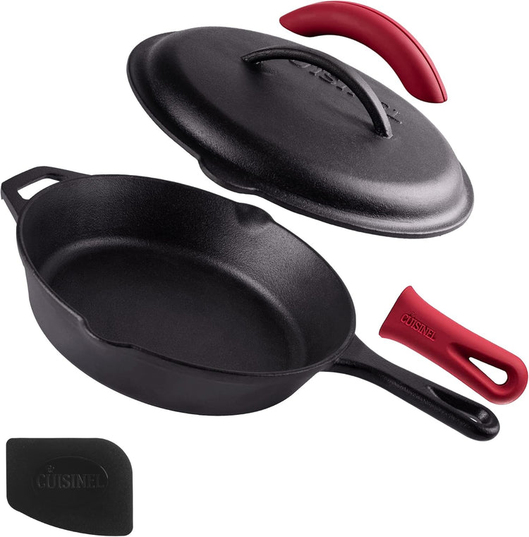 Cuisinel Cast Iron Skillet with Lid - 10"-inch Pre-Seasoned Covered Frying Pan Set + Silicone Handle and Lid Holders + Scraper/Cleaner - Use Indoor/Outdoor, Oven, Stove, BBQ, Fire, Grill Cookware - Nestoria