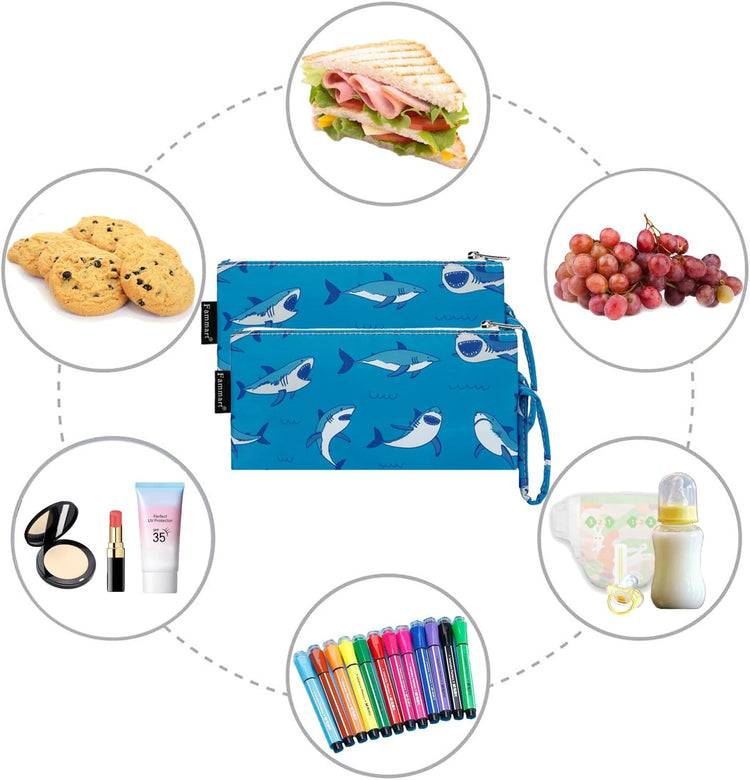 Reusable Sandwich Bag/Snack Bag for Kids & Adults, Dual Layer Lunch Bag with Handle, Washable, Food Safe, BPA Free (2-Pack, Shark)