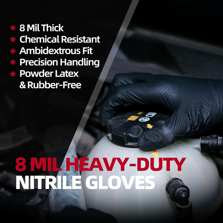 Jointown Basic Heavy Duty Nitrile Gloves, Mechanic Gloves 8 Mil Nitrile Disposable, with Raised Diamond Texture, Case of 100, Black, Medium