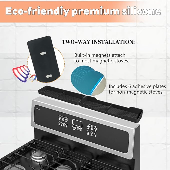 30 Inch Magnetic Silicone Stove Top Shelf, Heat Resistant Spice Rack for Kitchen, Space Saving Organizer with 6 Sticky Pads, Fits Back of Stove(Black 30''x3.8'')