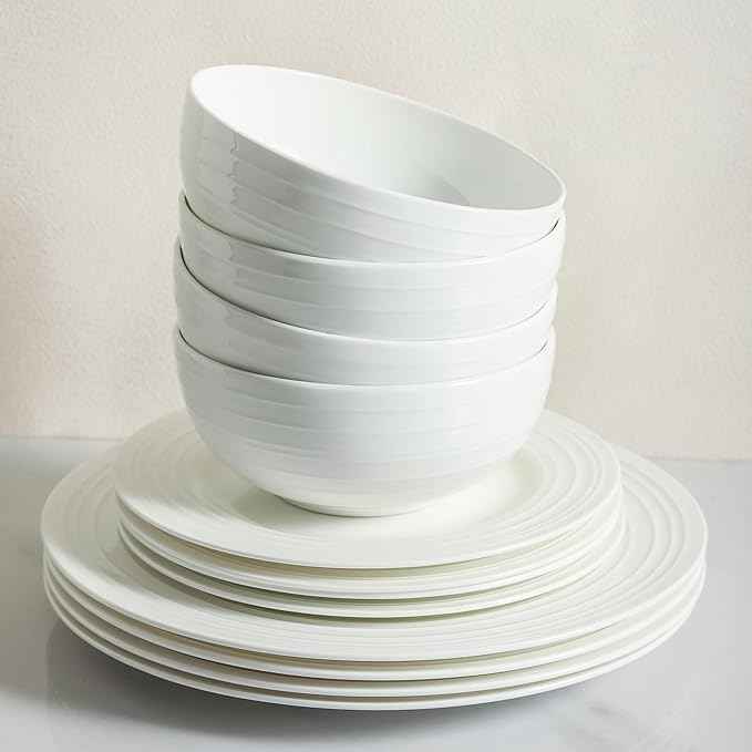 Stone lain Bone China Round Swirl Design 32 Piece Dinnerware Set, White