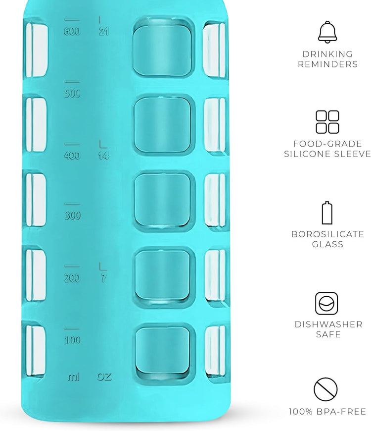 purifyou 40oz / 32oz / 22oz / 12oz Borosilicate Glass Water Bottle with Time & Volume Markers, Silicone Sleeve, Stainless Steel Lid – Reusable Glass Bottle for Water & Juice (22oz Aqua Blue)