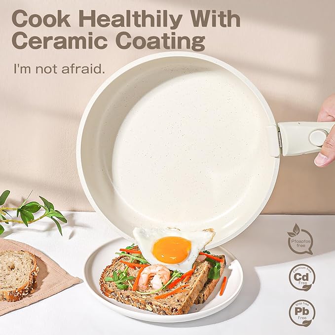 GiPP Ceramic Pots and Pans Set Non Stick, Nonstick Detachable Handle Cookware Sets, Non Toxic Induction Kitchen Pot and Pan with Removable Handle, Healthy RV Cookware, Dishwasher &Oven Safe, 7 Piece