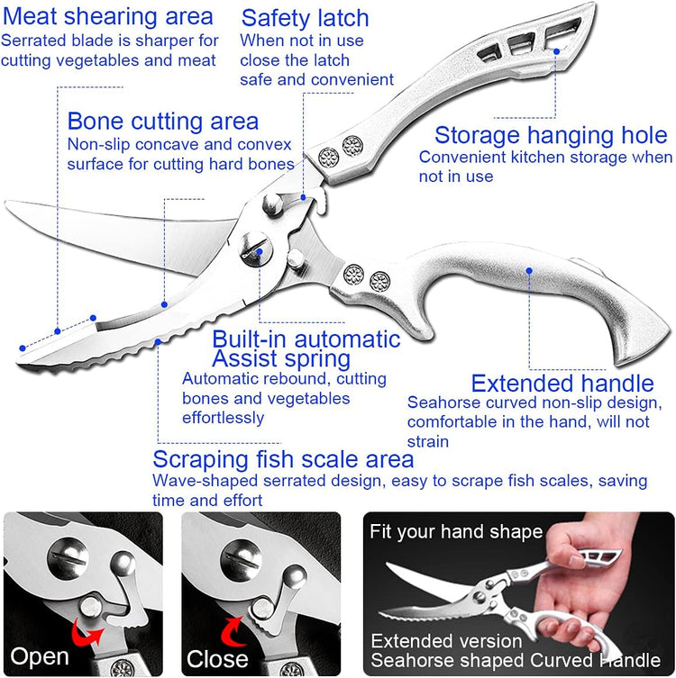 ANDONG Professional Heavy Duty Kitchen Scissors - Spring Loaded Ultra Sharp Stainless Steel Multipurpose Poultry & Cooking Shears for Bones, Meat, Chicken, Fish, Turkey, Vegetables,Dishwasher Safe