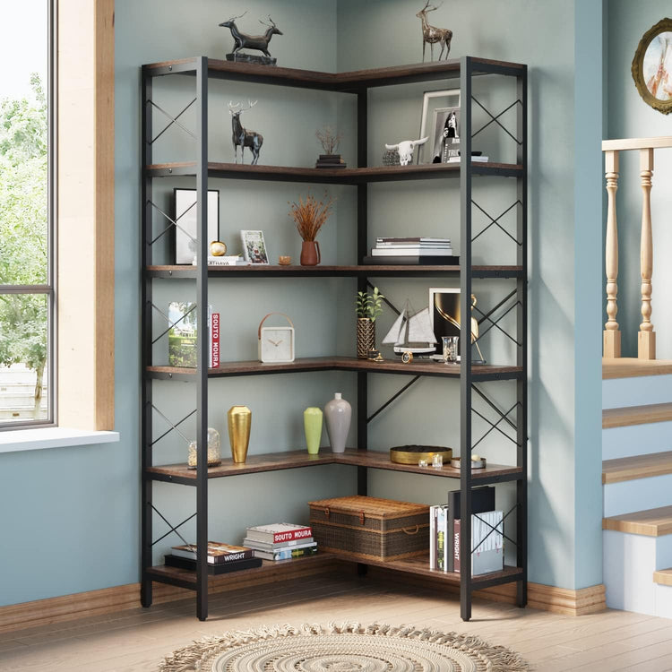 6-Shelf Corner Bookshelf, Vintage Industrial CornerBookshelf Etagere Bookcase, Large Book Shelf with Metal Frame Open Storage Corner Cabinet for Living Room Home Office(Retro Brown)