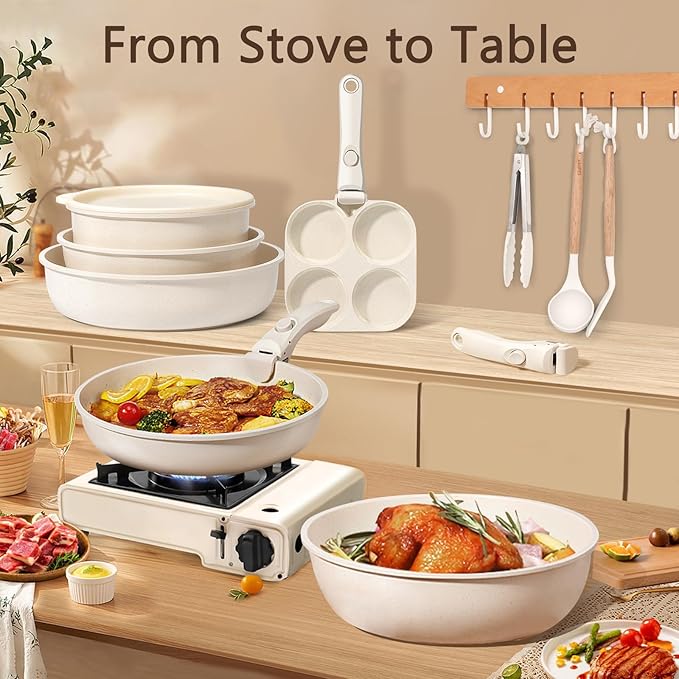 GiPP Ceramic Pots and Pans Set Non Stick, Nonstick Detachable Handle Cookware Sets, Healthy Non Toxic PFAS PFOA & PTFE Free, Dishwasher &Oven Safe, Induction Kitchen Pot and Pan, 21 Piece Cream