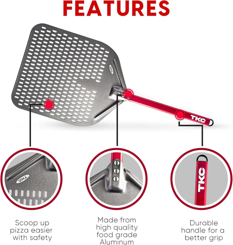 TKC 14β Perforated Pizza Peel β 31 Inch Long Handle Perforated Aluminium Pizza Paddle β Lightweight Pizza Turning Peel β Commercial Grade Pizza Spatula - Outdoor Pizza Oven Accessories - (Silver/Red)