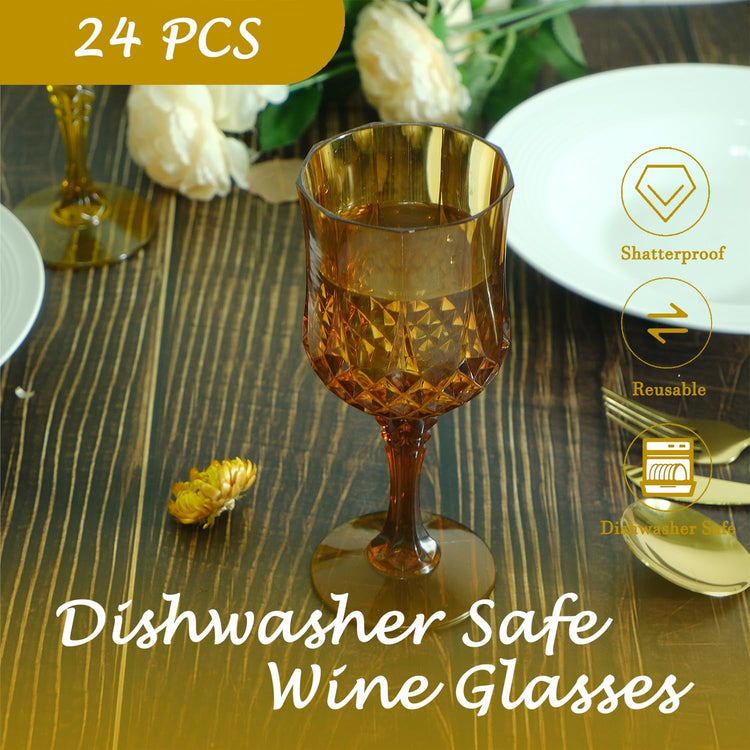 Plastic Wine Glasses,Plastic Goblets Vintage Style Cordial Drinking Glasses for Wedding Reception, Grand Event Party Supplies (24, Amber)