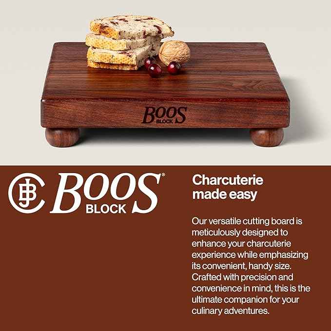 John Boos B Series Square Wooden Walnut Cutting Board 12”x12” – 1.5” Thick, 5-lb Non-Reversible Butcher Block with Wood Bun Feet & Edge-Grain