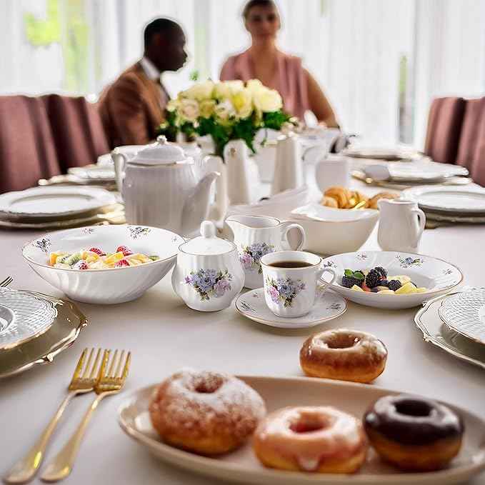 Lynns Paradise 45-Piece Serafina Dinnerware Set, 24K Gold Trim Embossed Swirl Floral Plates & Bowls Apartment Essentials Home Kitchen Dinner Accessories