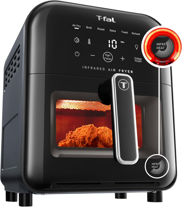 T-fal Infrared Air Fryer: 6 qt Digital Touch Screen, 7-in-1 Cooking Functions, 45-Seconds to reach 750Β°F on carbon fiber heater surface, No-Shake Technology, Crispy Finish, 1550W, Black