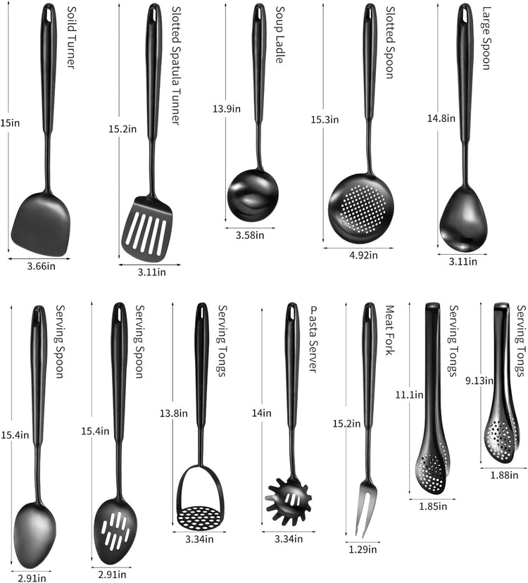 304 Stainlss Steel Matte Kitchen Utensils Set, 12 Pcs Long Metal Cooking Utensil Gadgets Tools Set with Spatula, Ladle, Spoon, Ladle, Skimmer, Tunner, Pasta Server, Tongs(Black, Dishwasher Safe)