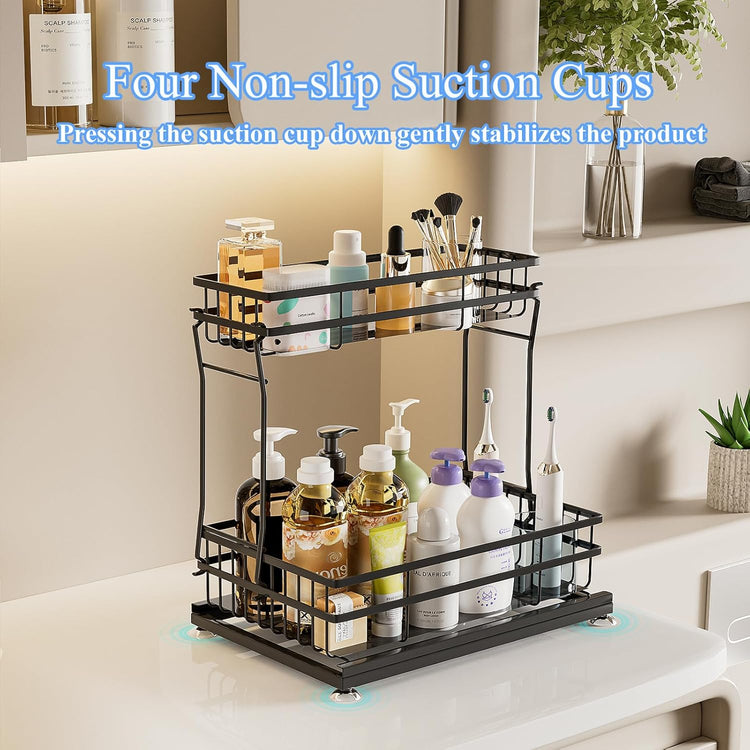 2 Pack Under Sink Organizers and Storage, 2 Tier Pull Out Cabinet Organizer, Metal Sliding Drawer Storage for Kitchen Bathroom,Black