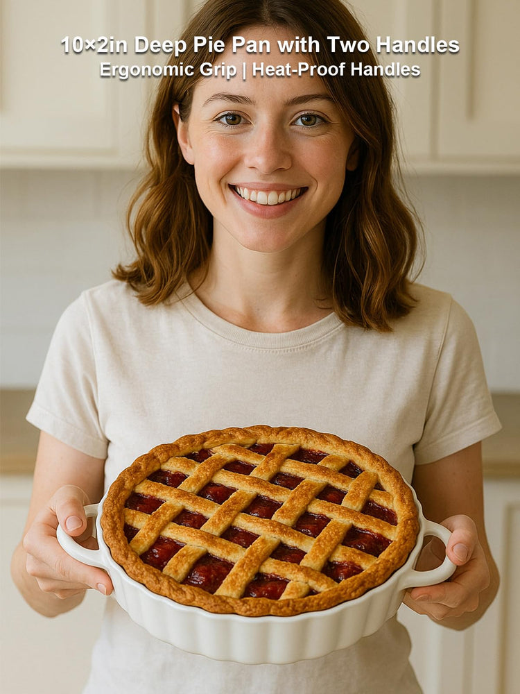 10×2in Deep Ceramic Pie Pan with Handles for Pie Quiche Tart Baking. Easy to grip