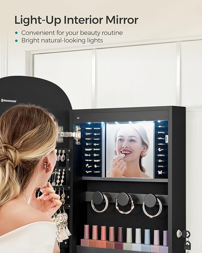 SONGMICS Jewelry Organizer, LED Jewelry Cabinet Wall/Door Mounted, Lockable Rounded Wide Mirror with Storage, Interior Mirror, 3.9 x 16.5 x 42.5 Inches, Black Surface with Black Lining