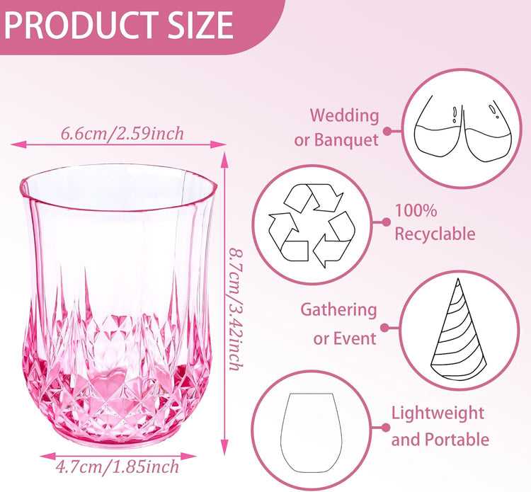 12 PCS Pink Stemless Wine Glasses,Colored Plastic Reusable Cups 9OZ Vintage Drinking Glasses Tumblers for Whisky, Beer, Juice, Beverages, Cocktai