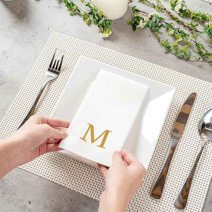 Luxenap 15.8 X 7.9 Inch Linen-Feel Guest Towels, 2000 Lettered Hand Towels - Gold Letter 'M', Sans Serif Font, White Paper Dinner Napkins, airlaid, For Restrooms And Tables