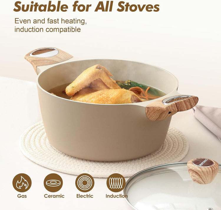 SENSARTE Ceramic Nonstick Stock Pot with Lid, 2.6/4.5/6.6 QT Soup Pot Casserole Pot, Non-toxic Healthy Pasta Pot, Large Cooking Pot Stew Pot, Induction Compatible, PFOA PFAS PTFE Free, Taupe - Nestoria