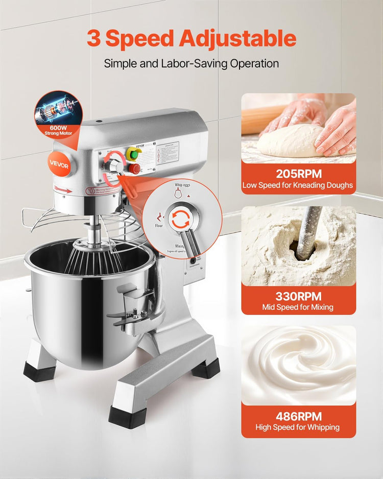 Happybuy 15Qt Commercial Food Mixer with Timing Function, Commercial Mixer 600W Stainless Steel Bowl Heavy Duty Electric Food Mixer Commercial with 3 Speeds Adjustable, Perfect for Bakery Pizzeria
