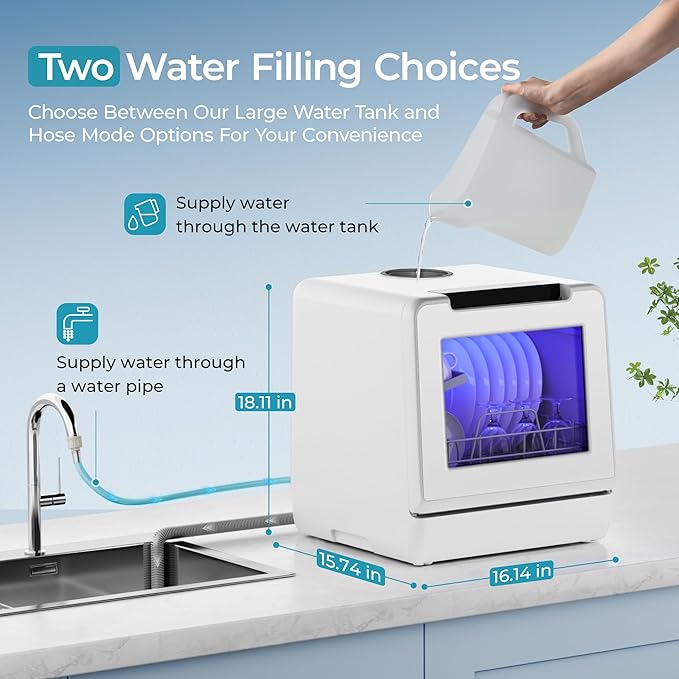 EUHOMY Countertop Dishwasher Portable with 8 Programs, 5L Built-in Water Tank, 167โ High-Temp, No Hookup Needed, Portable Dishwasher with Slef-Clean/Baby Care/Air Dry/Quick/ECO/Fruit/Normal Mode
