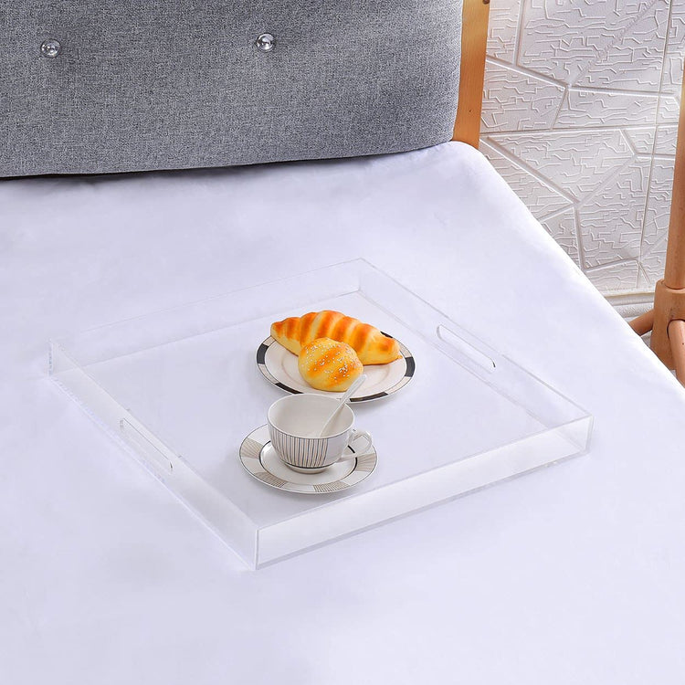 Clear Acrylic Ottoman Tray with Cutout Handles 20x20 Inch Over Sized Serving Tray