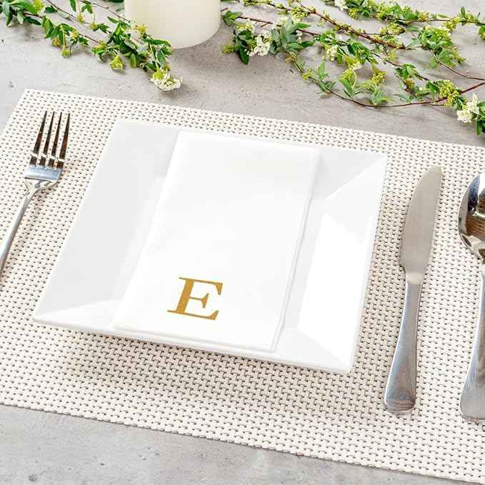 Luxenap 15.8 X 7.9 Inch Linen-Feel Guest Towels, 50 Lettered Hand Towels - Gold Letter 'E', Sans Serif Font, White Paper Dinner Napkins, airlaid, For Restrooms And Tables - Restaurantware