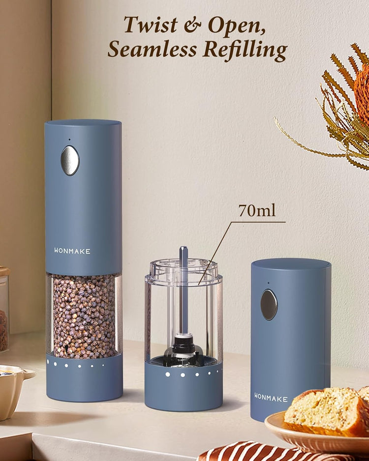 Electric Salt and Pepper Grinder Set - Automatic Refillable Salt and Pepper Grinders with Charging Base & LED Light, 6-Level Adjustable Coarseness with External Dial, Ideal Kitchen Gadget๏ผBlue