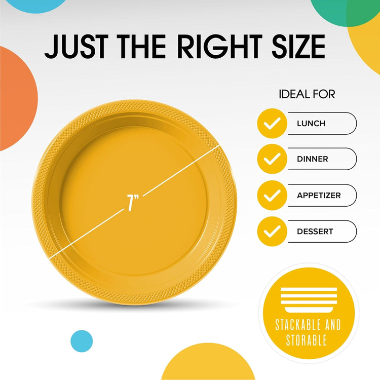 Exquisite Party Solids Yellow Plastic Plates For Party 7" Yellow Disposable Plates Heavy Duty Supplies 100 Pcs Plastic Dinnerware Sets Heavy Duty 350 GSM Disposable Dinnerware Set