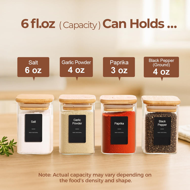 Glass Spice Jars with Labels 6 oz 16 Pack Small Square Bamboo Lids (16 Count)