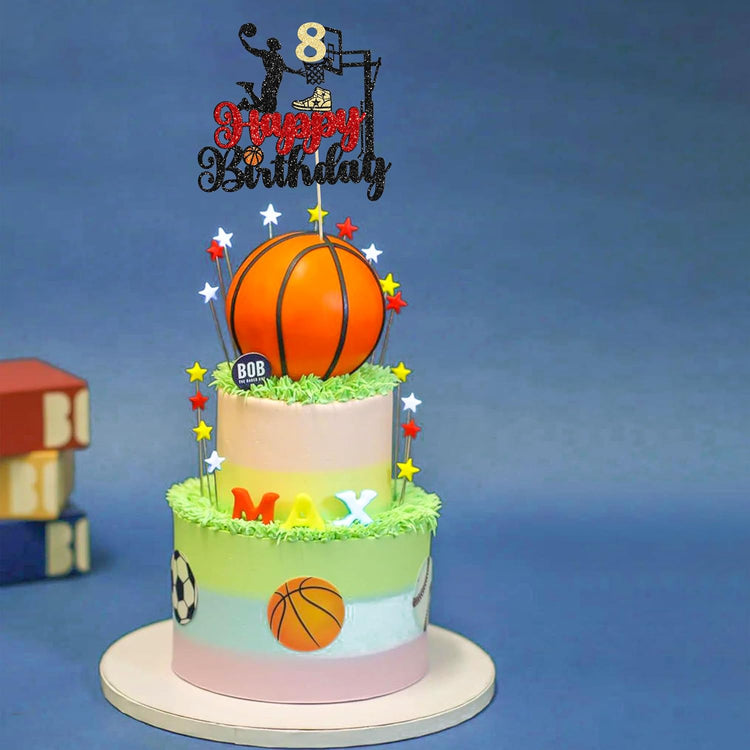 1Pc 8th Birthday Basketball Cake Topper Glitter Basketball Sports Theme Cake Pick for Baby Shower 8th Birthday Cake Decorations Party Supplies Black