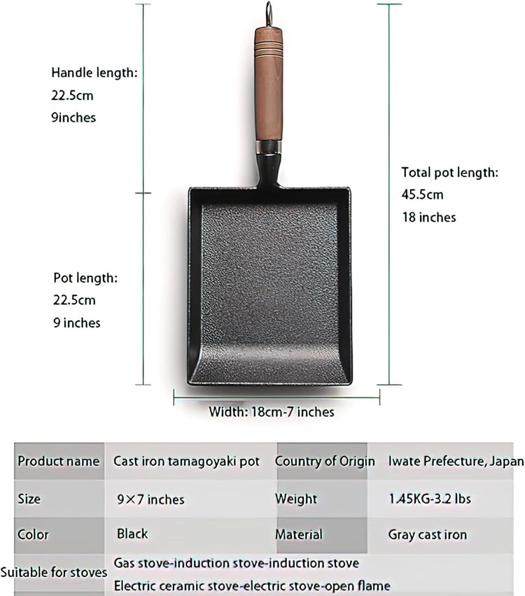 YYMIYU Tamagoyaki Japanese Omelette Pan Cast Iron Wooden Handle 9×7 inch