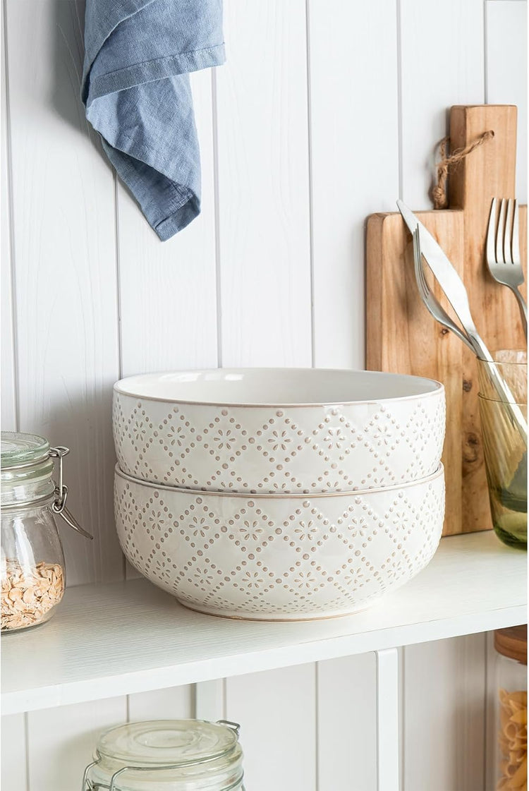Large Serving Bowls, 8 inch 60 OZ Salad Bowls Set of 2, Ceramic Bowl Set for Salad,Ramen, Soup, Cereal and Entertaining, Farmhouse Decorative, Dishwasher & Microwave Safe, Off-White