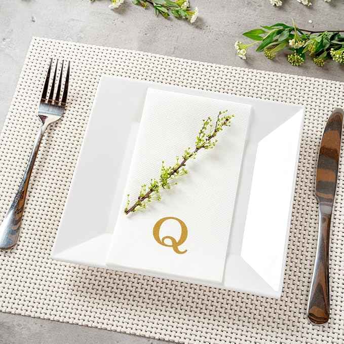 Luxenap 15.8 X 7.9 Inch Linen-Feel Guest Towels, 2000 Lettered Hand Towels - Gold Letter 'Q', Sans Serif Font, White Paper Dinner Napkins, airlaid, For Restrooms And Tables