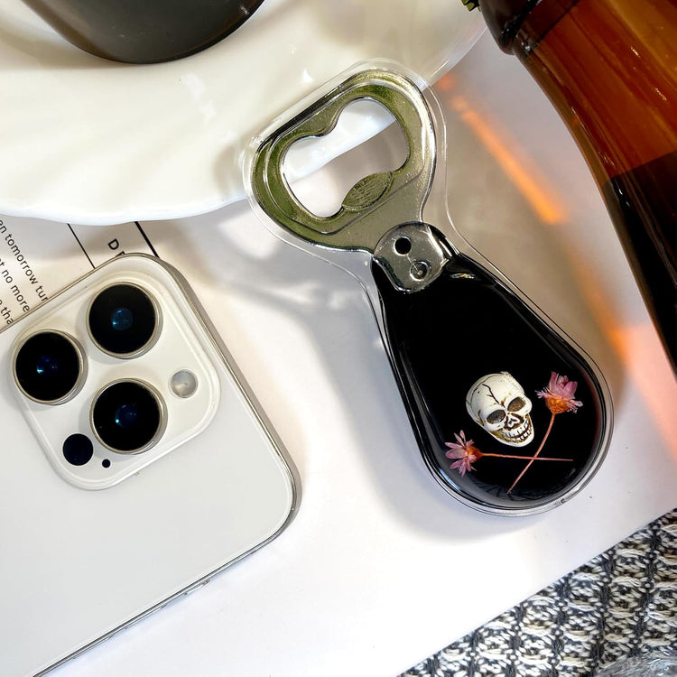 Halloween Ghost Skull Decor, Magnetic Bottle Opener, Original Design Skull Flower in Black Resin – Strong Magnet for Fridge – – Gothic Halloween Gifts - Midnight Black